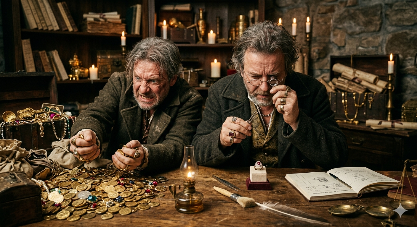 Zwei Männer am Tisch — der eine gierig nach Gold greifend, der andere mit Lupe sorgfältig prüfend. Symbolbild für Gier und cura.